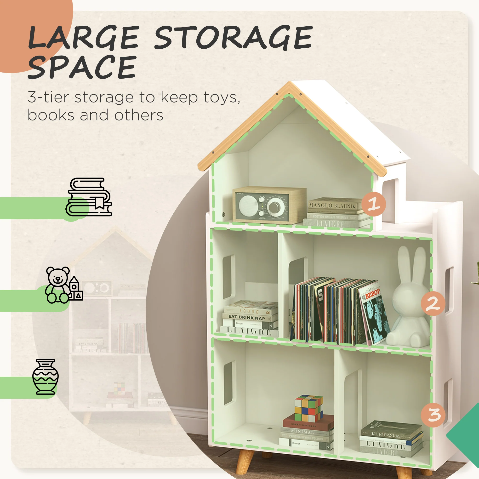 ZONEKIZ 3 Tier Toy Storage Shelf with 6 Cubby for Playroom, Bedroom, White - Image 3
