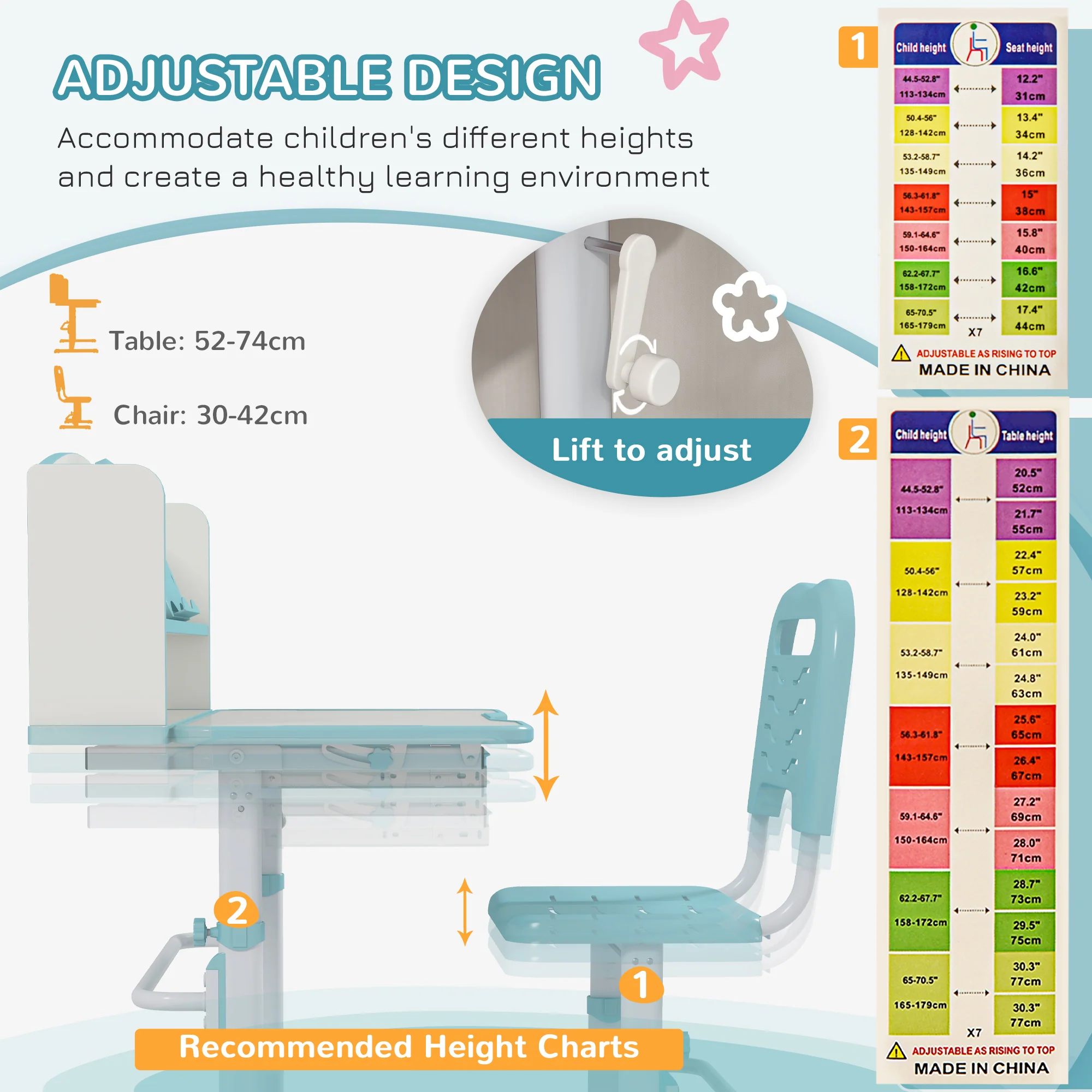 ZONEKIZ Height Adjustable Kids Desk and Chair Set, with Drawer, Bookshelf, Blue - Image 6