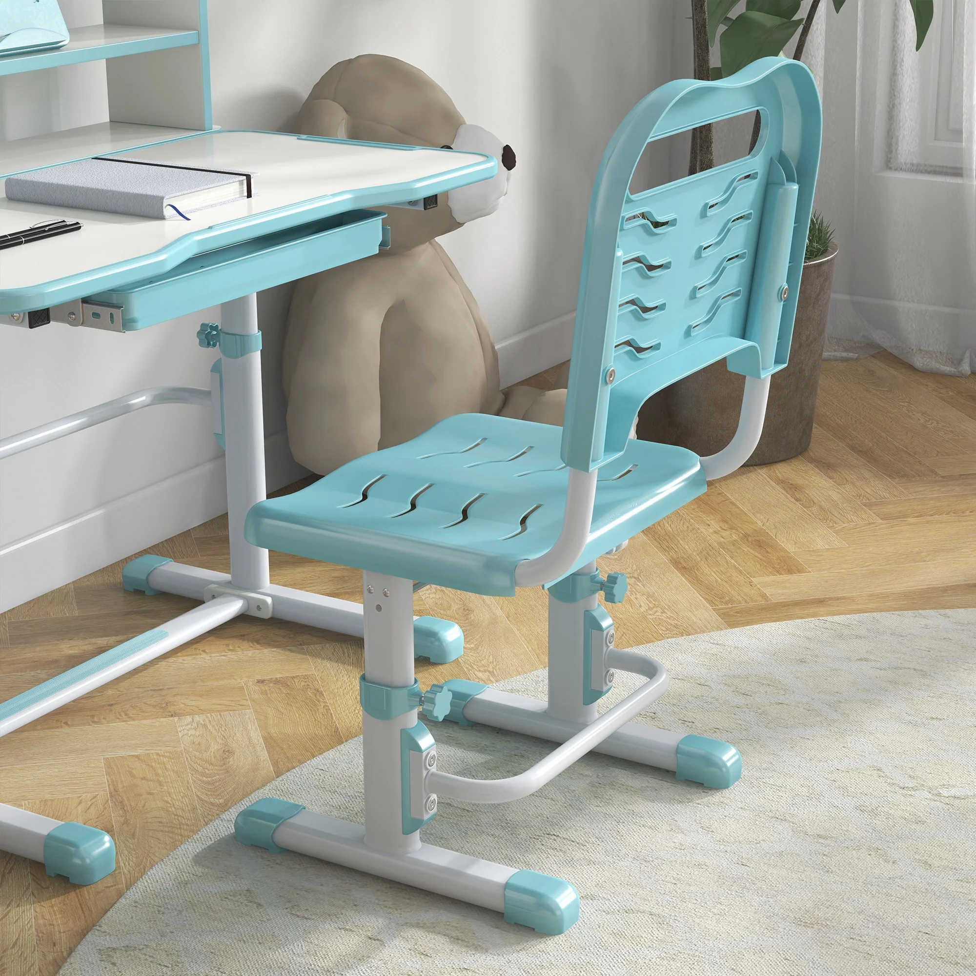 ZONEKIZ Height Adjustable Kids Desk and Chair Set, with Drawer, Bookshelf, Blue - Image 9