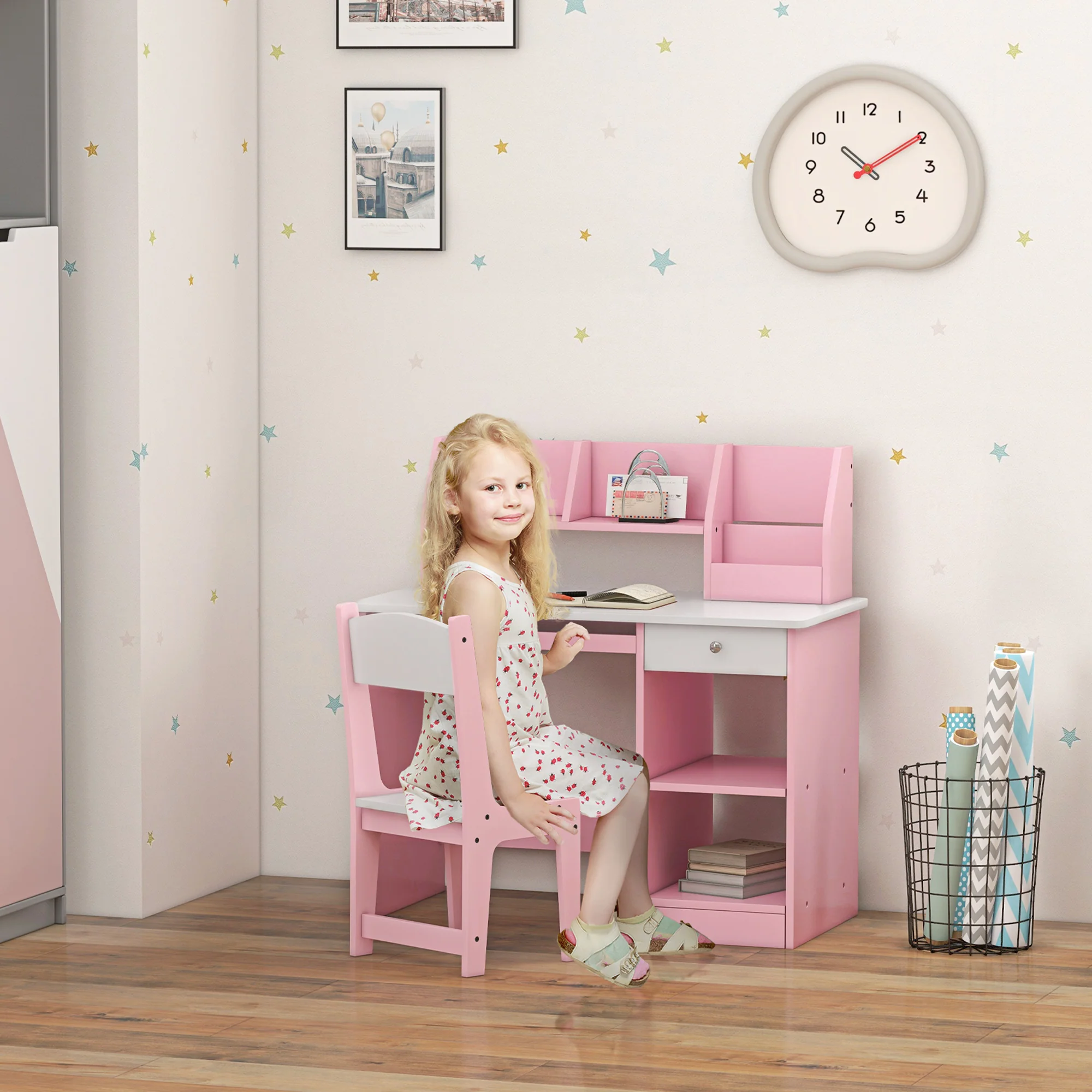 ZONEKIZ Kids Desk And Chair Set With Storage For 5-8 Years, Pink - Image 2