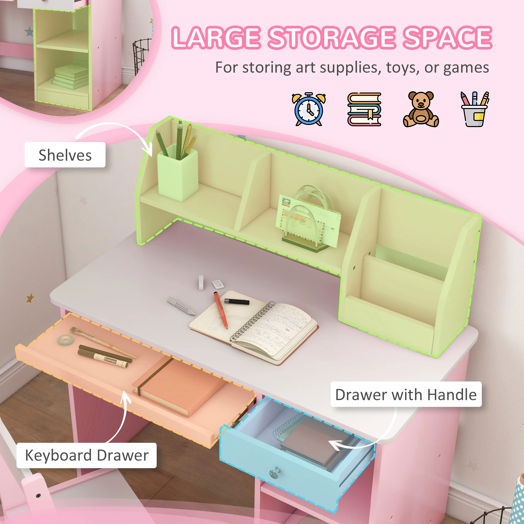 ZONEKIZ Kids Desk And Chair Set With Storage For 5-8 Years, Pink - Image 3
