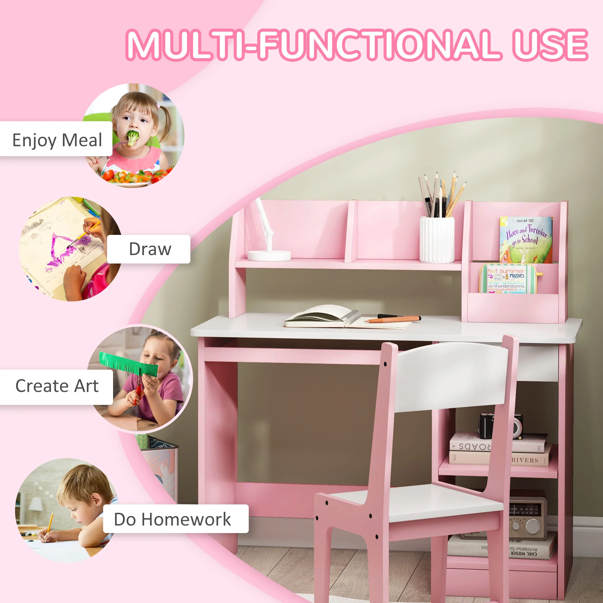 ZONEKIZ Kids Desk And Chair Set With Storage For 5-8 Years, Pink - Image 4