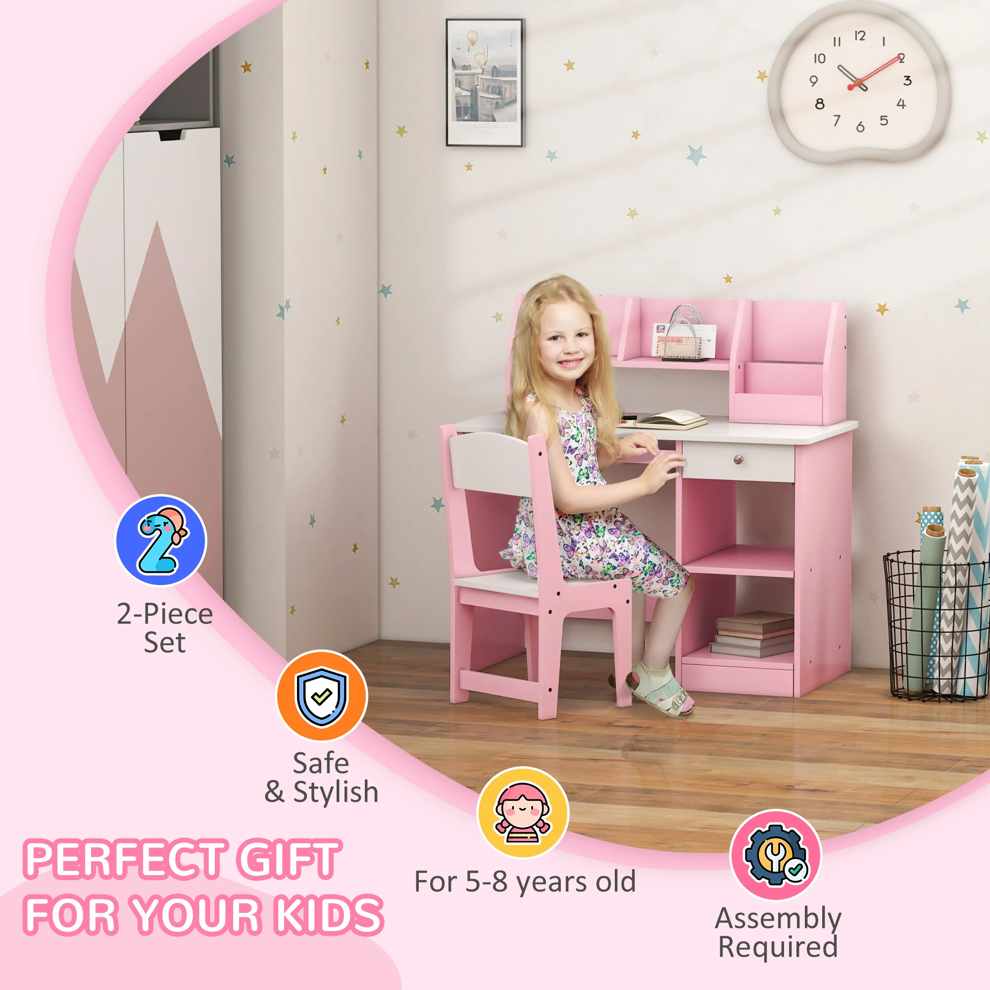 ZONEKIZ Kids Desk And Chair Set With Storage For 5-8 Years, Pink - Image 6