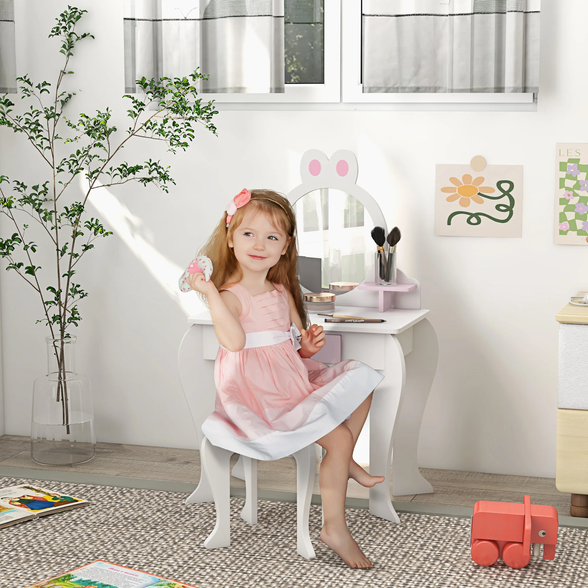 ZONEKIZ Kids Dressing Table with Mirror and Stool, Drawer, Storage Shelf - White - Image 2
