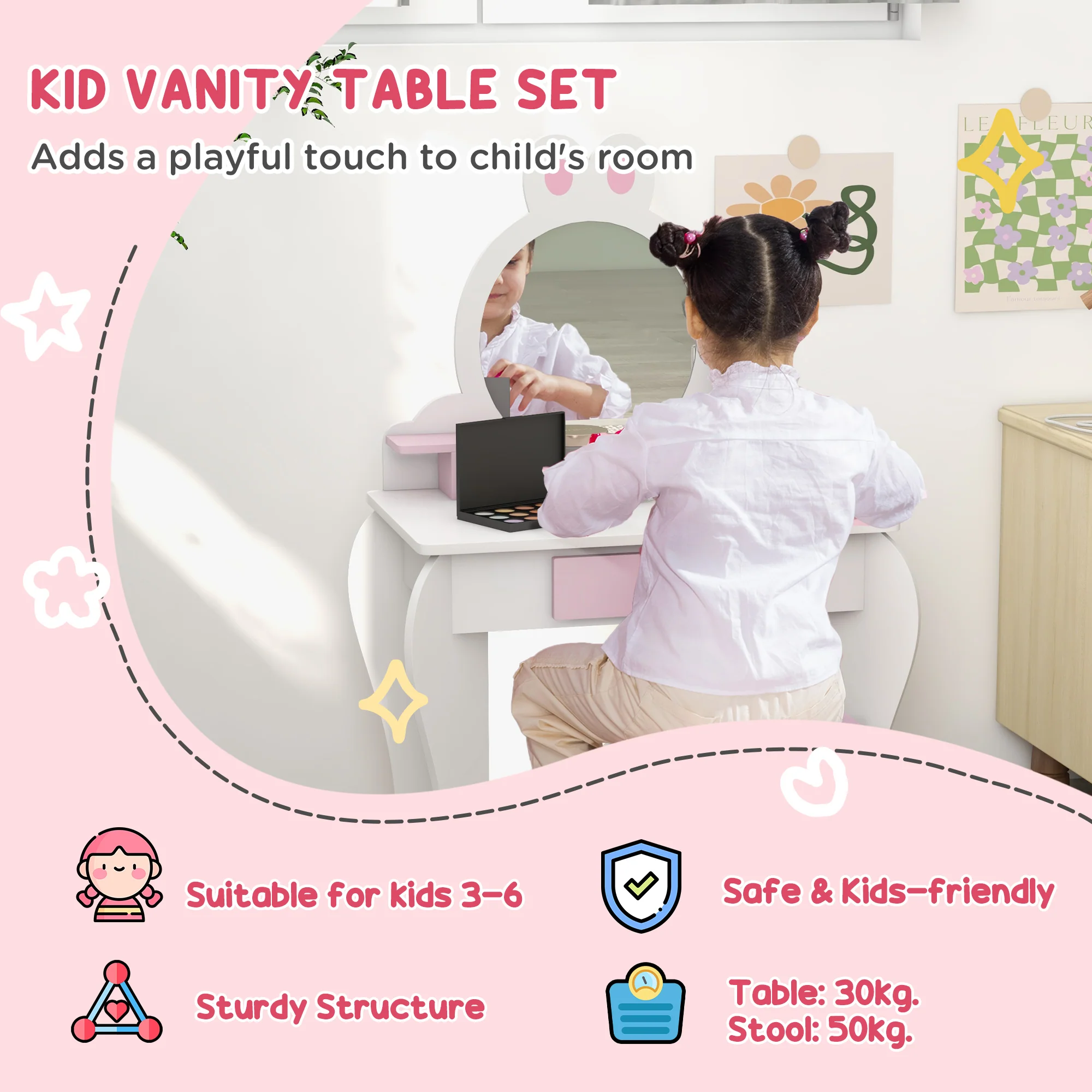 ZONEKIZ Kids Dressing Table with Mirror and Stool, Drawer, Storage Shelf - White - Image 3