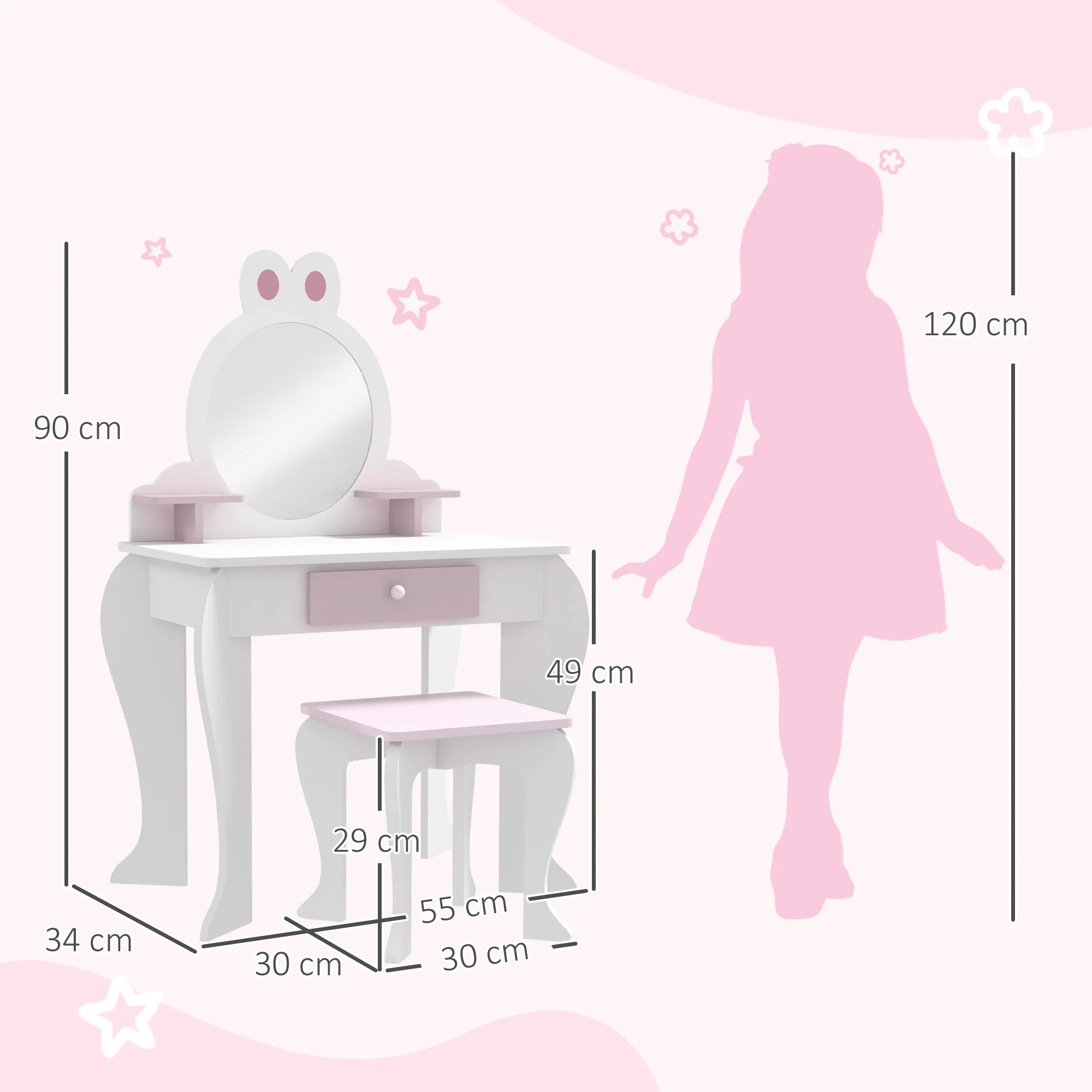 ZONEKIZ Kids Dressing Table with Mirror and Stool, Drawer, Storage Shelf - White - Image 5