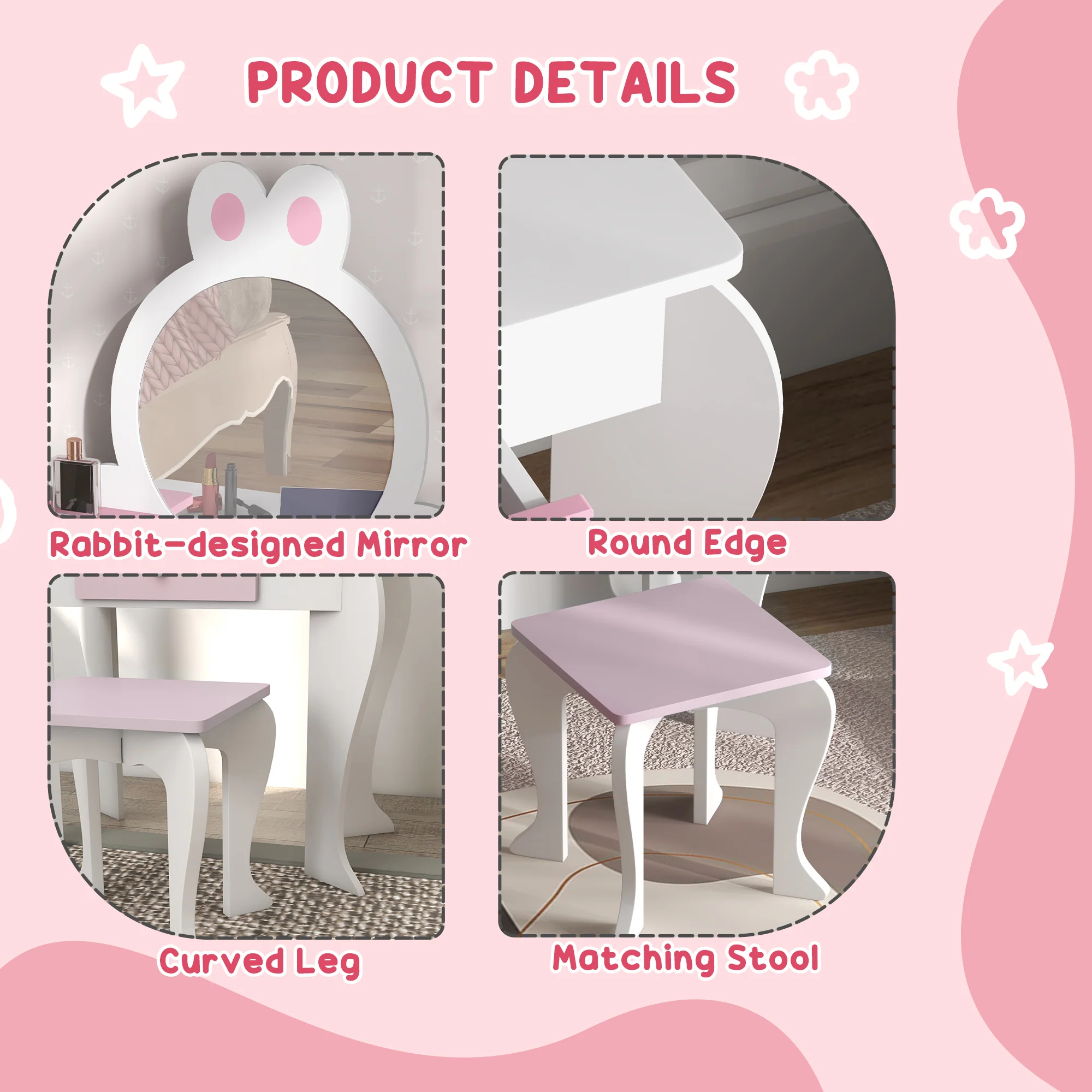 ZONEKIZ Kids Dressing Table with Mirror and Stool, Drawer, Storage Shelf - White - Image 6