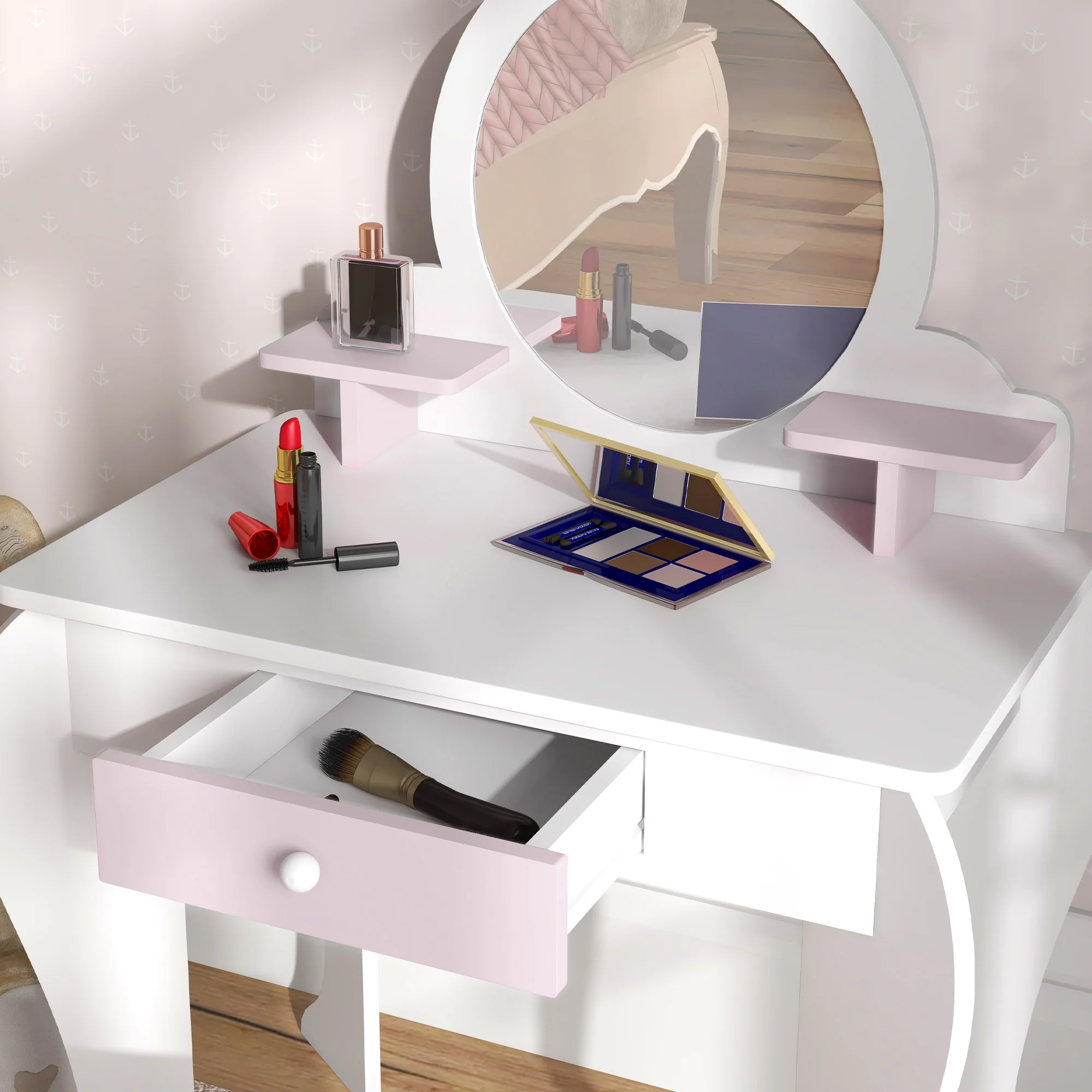 ZONEKIZ Kids Dressing Table with Mirror and Stool, Drawer, Storage Shelf - White - Image 7