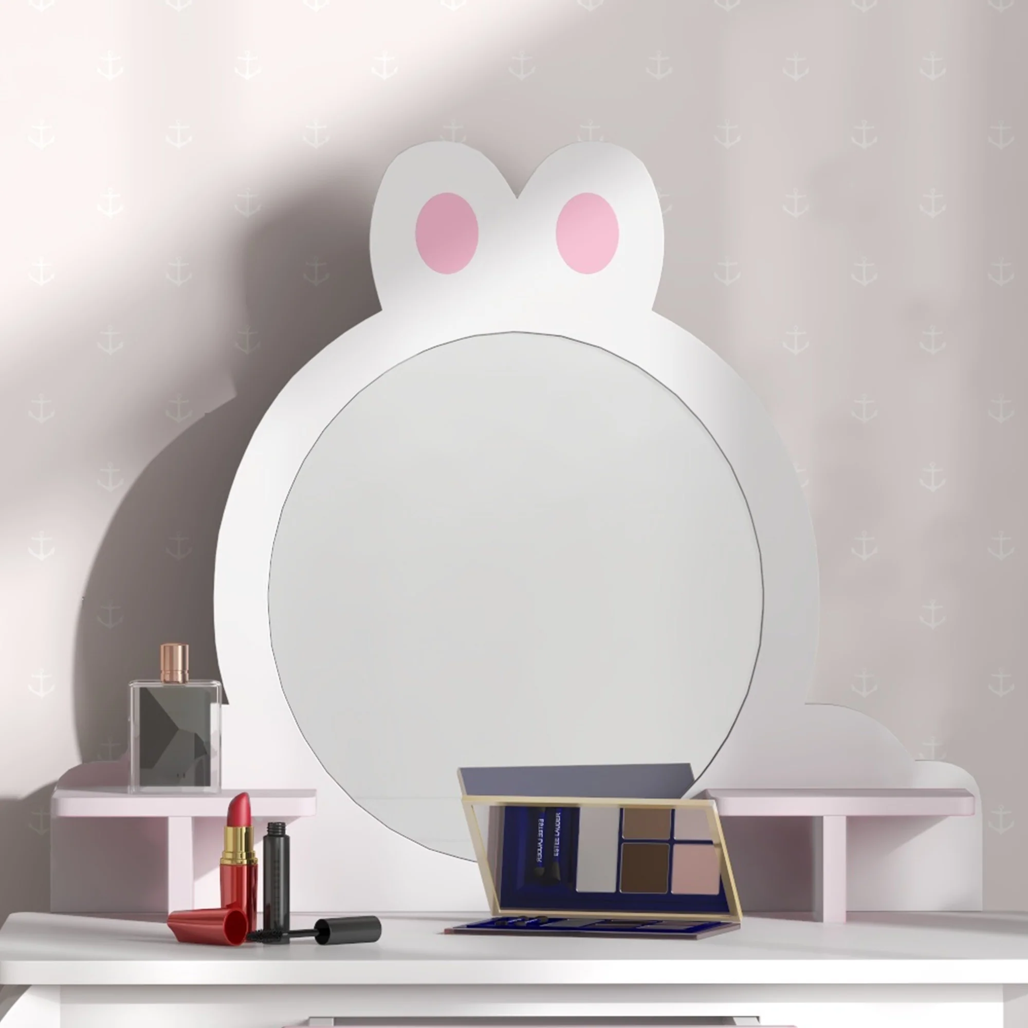 ZONEKIZ Kids Dressing Table with Mirror and Stool, Drawer, Storage Shelf - White - Image 8