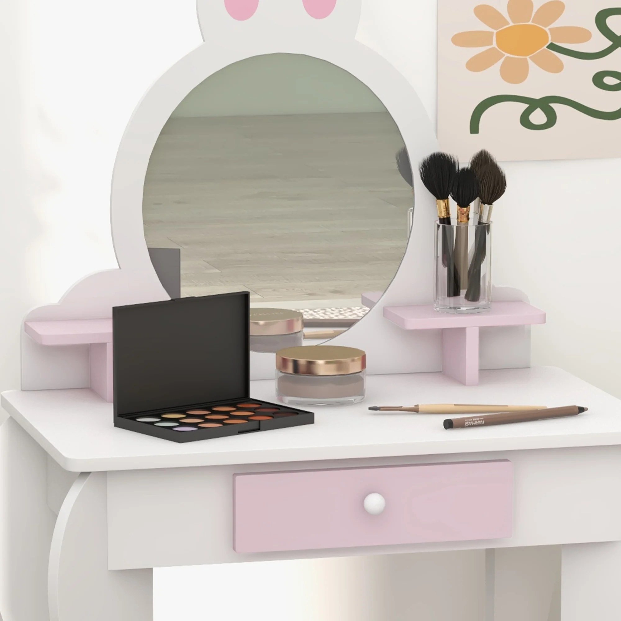 ZONEKIZ Kids Dressing Table with Mirror and Stool, Drawer, Storage Shelf - White - Image 9