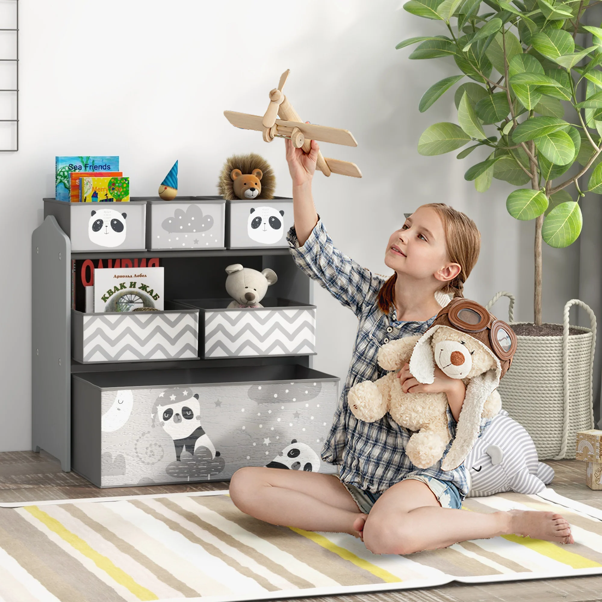 ZONEKIZ Kids Storage Unit with 6 Boxes, Toy Storage Organiser, Grey - Image 2