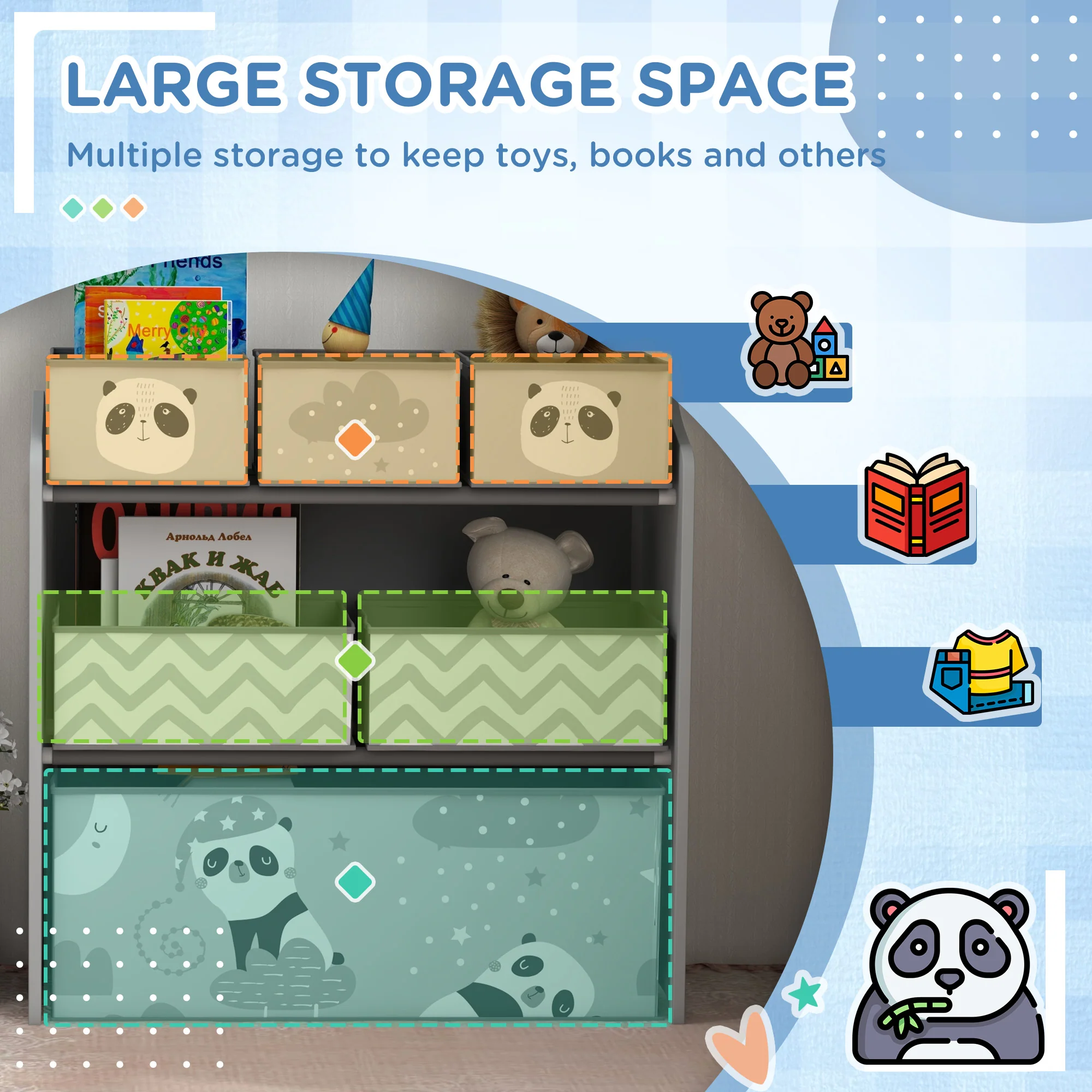 ZONEKIZ Kids Storage Unit with 6 Boxes, Toy Storage Organiser, Grey - Image 3