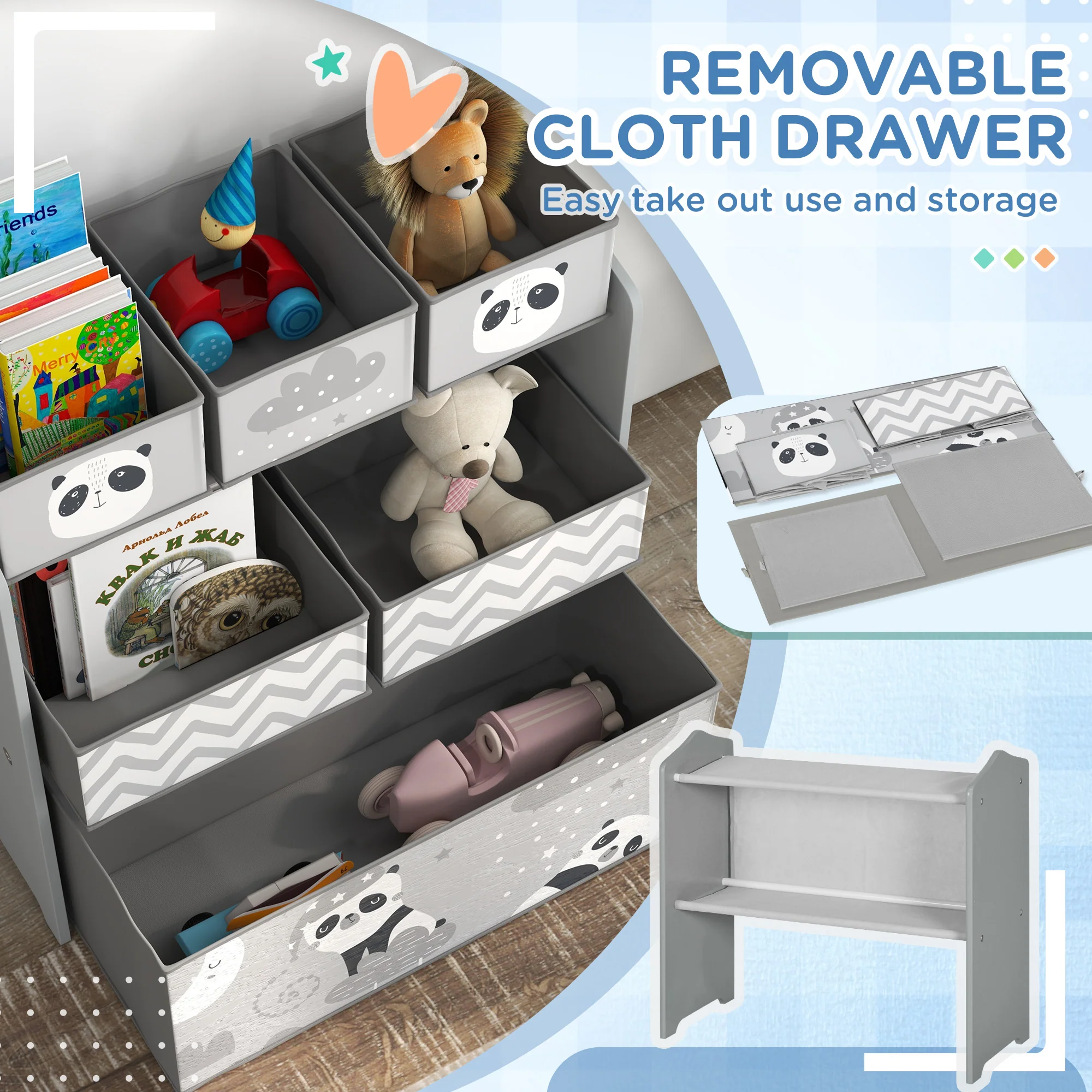 ZONEKIZ Kids Storage Unit with 6 Boxes, Toy Storage Organiser, Grey - Image 4