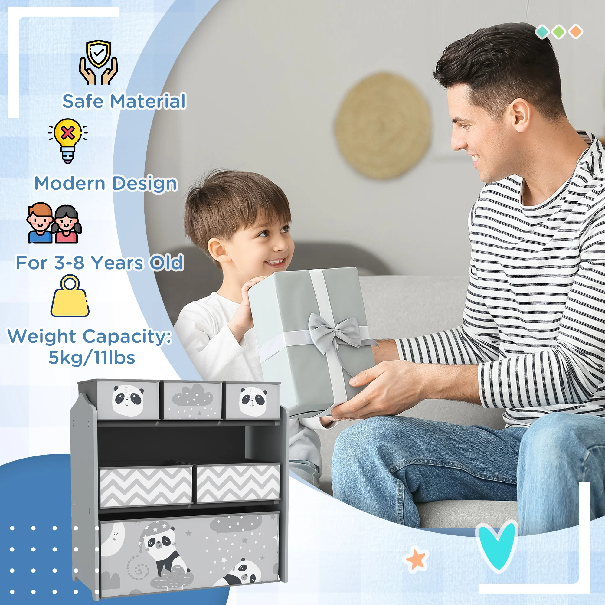 ZONEKIZ Kids Storage Unit with 6 Boxes, Toy Storage Organiser, Grey - Image 7