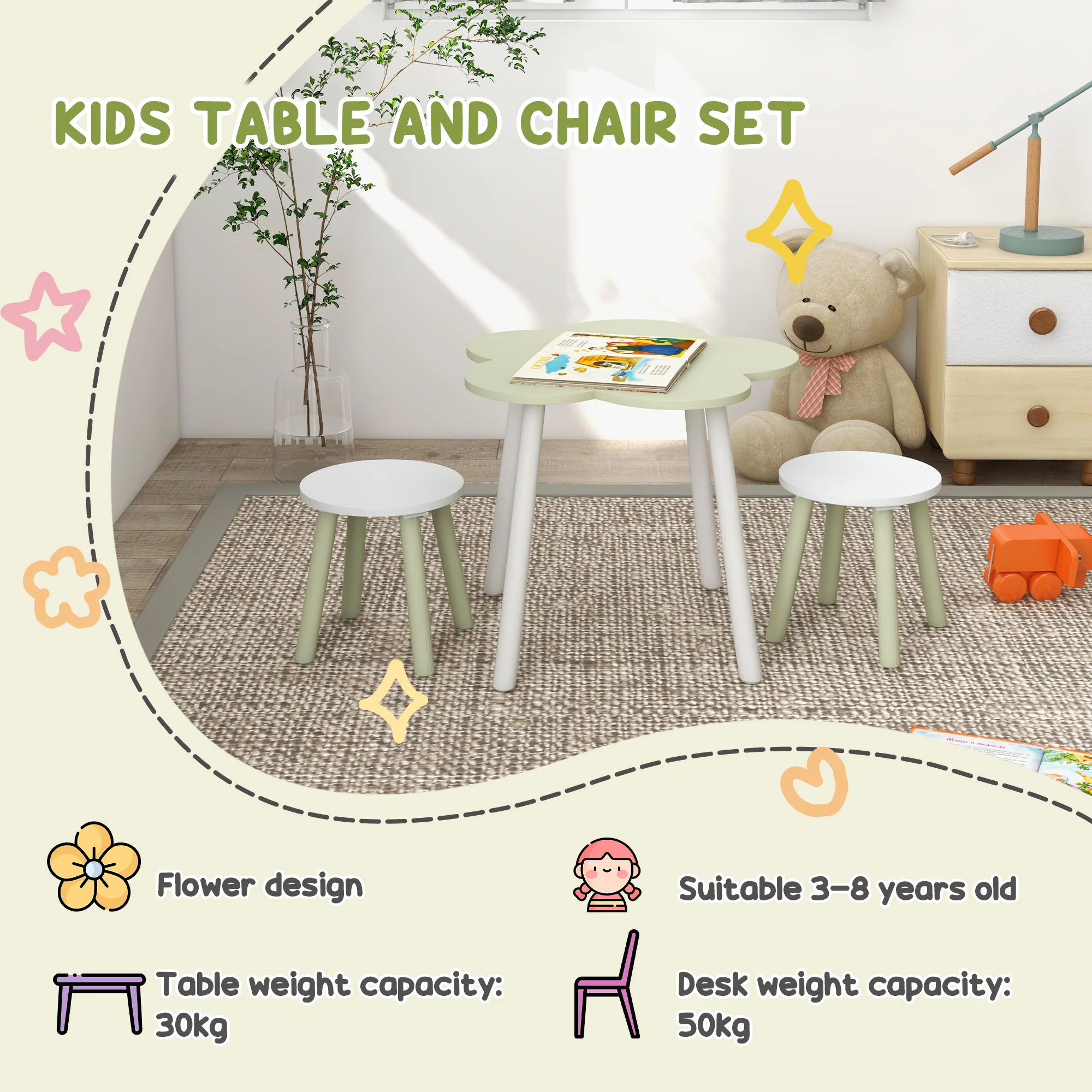 ZONEKIZ Kids Table and Chair Set, Flower Design, for Ages 2-5 Years - Yellow - Image 7