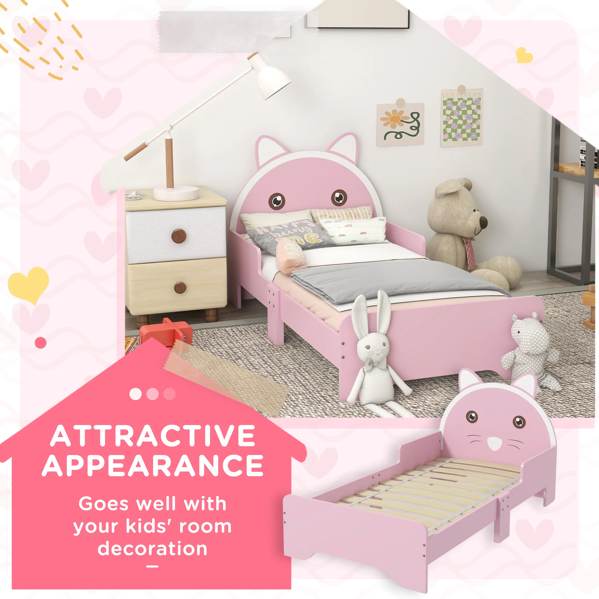 ZONEKIZ Toddler Bed Frame Cat Design Kids Bed With Guardrails - Pink - Image 3
