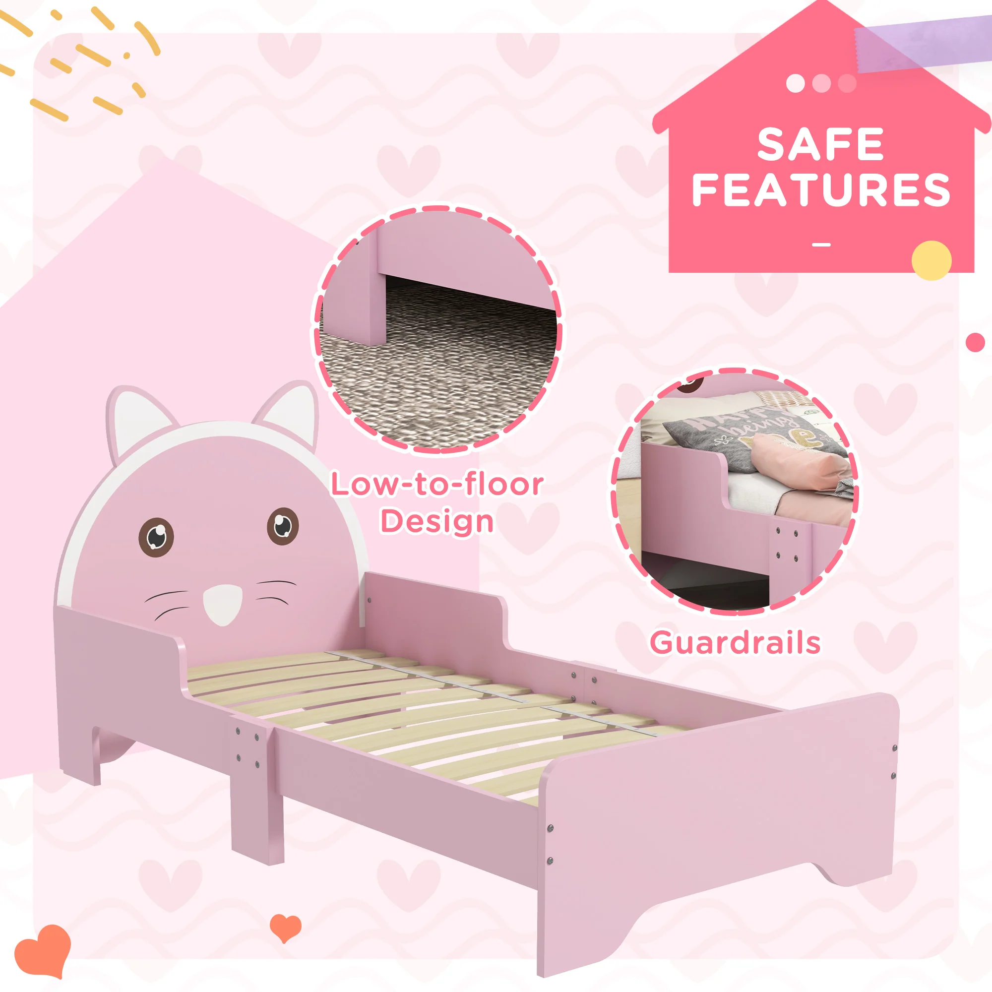 ZONEKIZ Toddler Bed Frame Cat Design Kids Bed With Guardrails - Pink - Image 4
