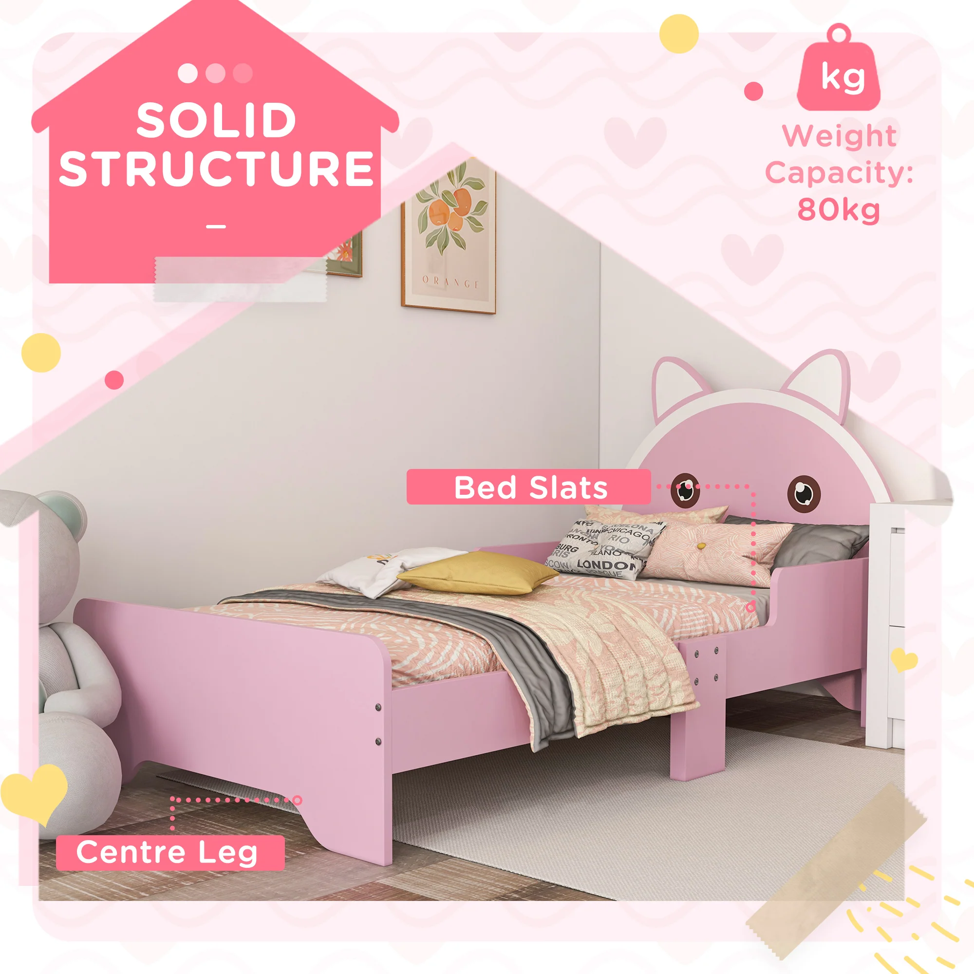 ZONEKIZ Toddler Bed Frame Cat Design Kids Bed With Guardrails - Pink - Image 6