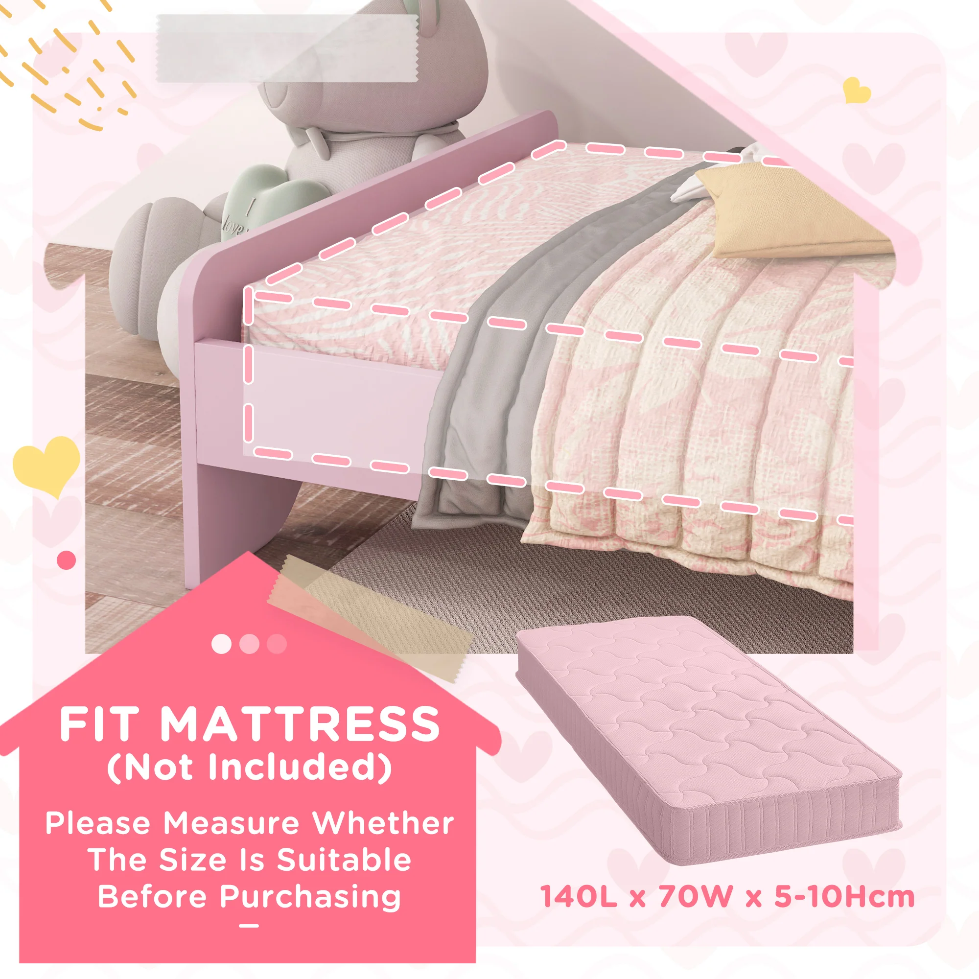 ZONEKIZ Toddler Bed Frame Cat Design Kids Bed With Guardrails - Pink - Image 7