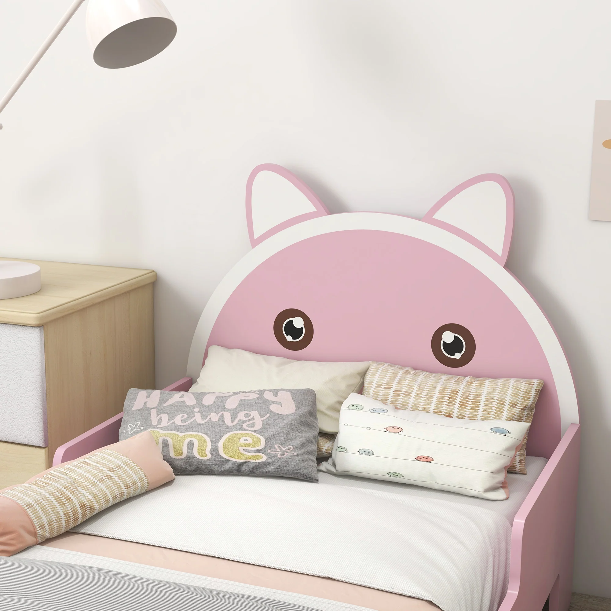 ZONEKIZ Toddler Bed Frame Cat Design Kids Bed With Guardrails - Pink - Image 8