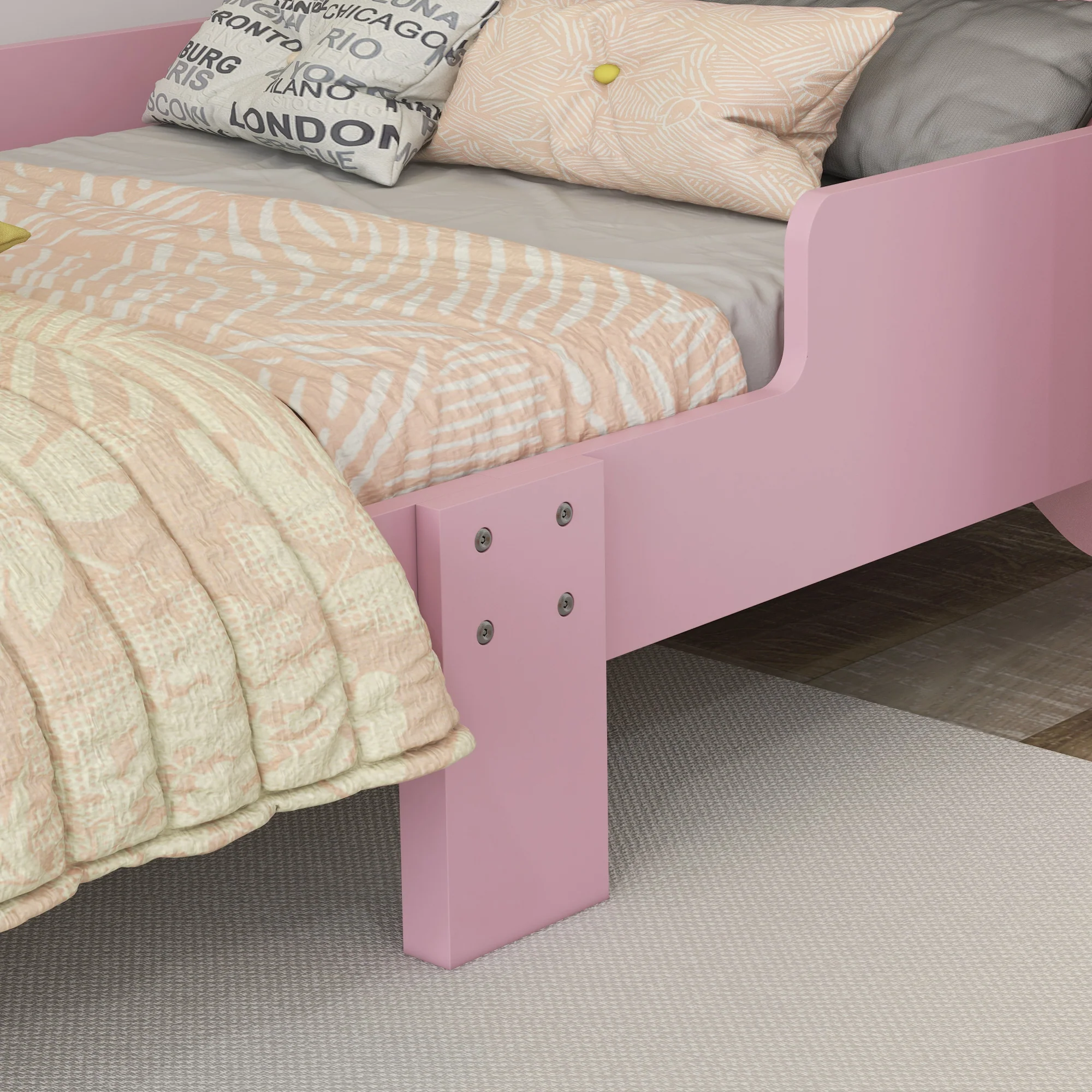 ZONEKIZ Toddler Bed Frame Cat Design Kids Bed With Guardrails - Pink - Image 9