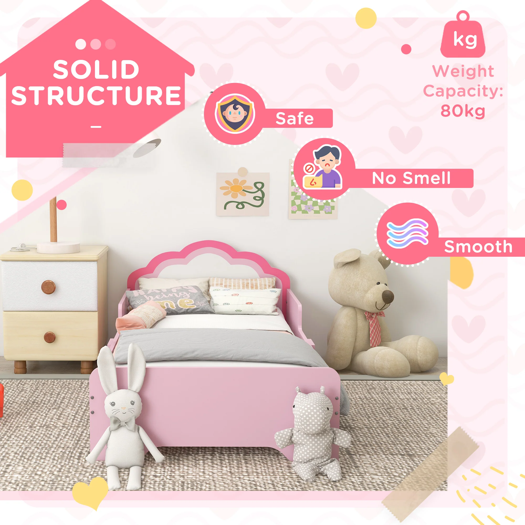 ZONEKIZ Toddler Bed Frame, Cloud-Designed Princess Bed, 143 x 74 x 55cm - Pink - Image 4