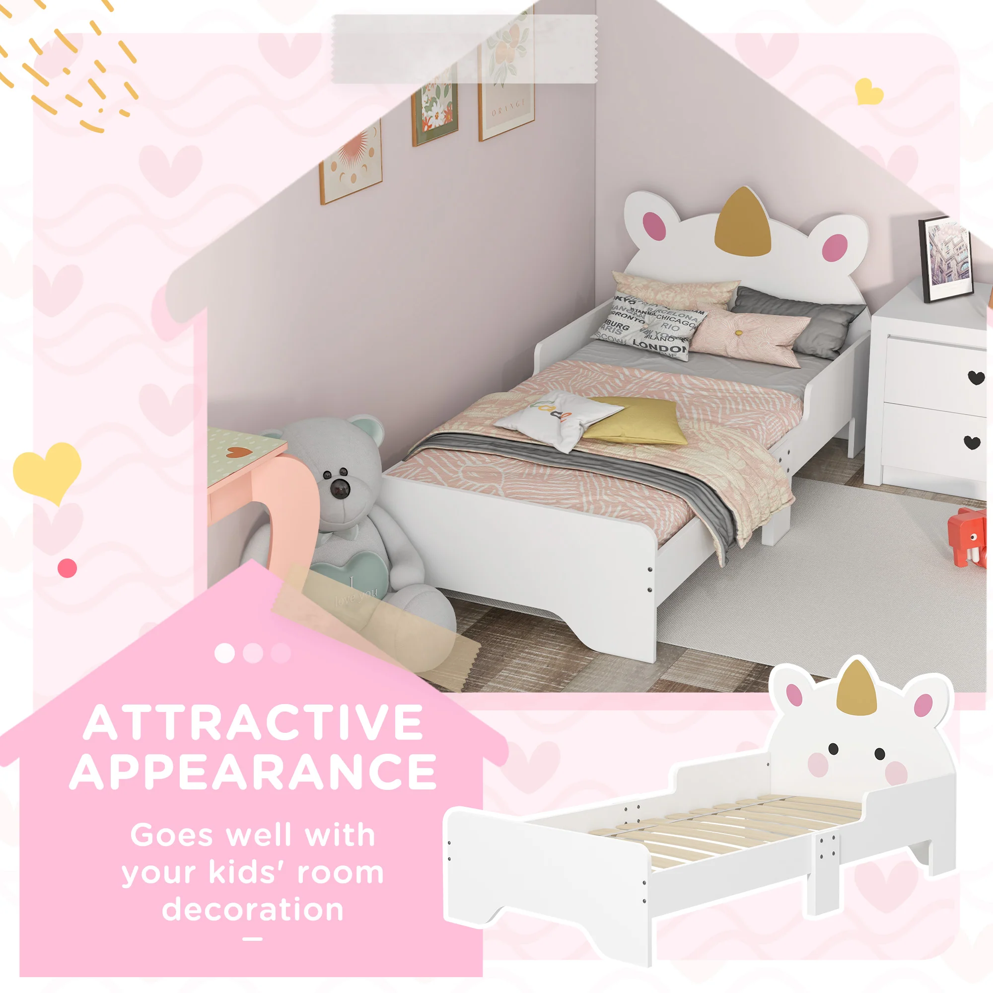 ZONEKIZ Unicorn-Designed Toddler Bed, Kids Bedroom Furniture - White - Image 3