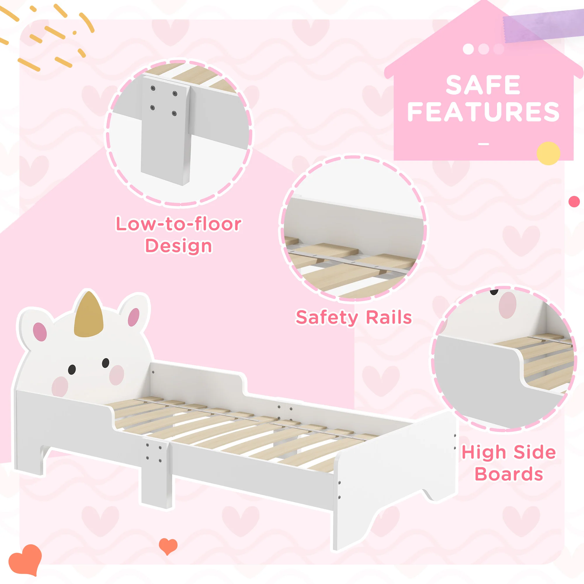 ZONEKIZ Unicorn-Designed Toddler Bed, Kids Bedroom Furniture - White - Image 4