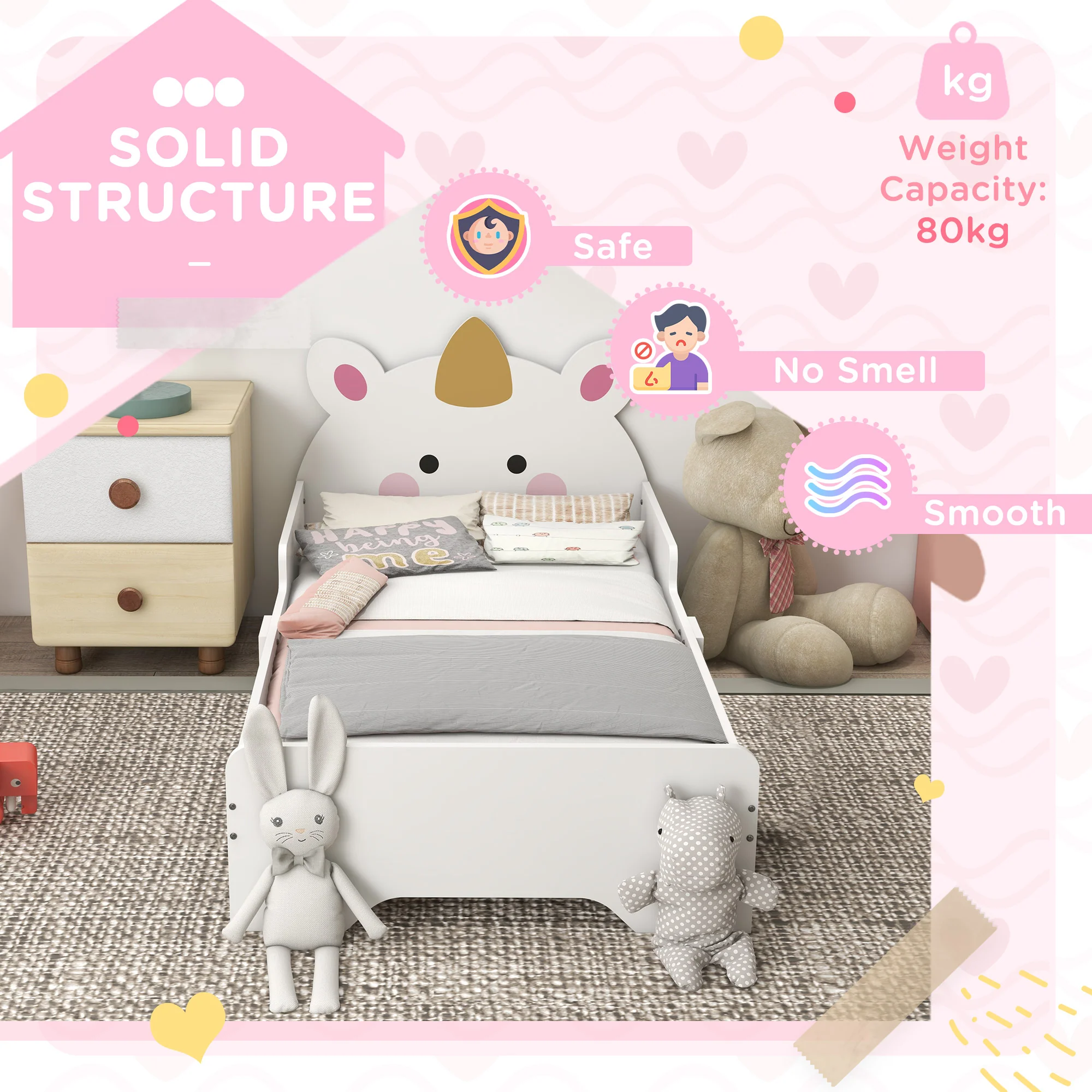 ZONEKIZ Unicorn-Designed Toddler Bed, Kids Bedroom Furniture - White - Image 6